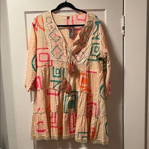 Moda Resort Wear Dress with Neon Pink. Orange, Turquoise Accents. NWT.